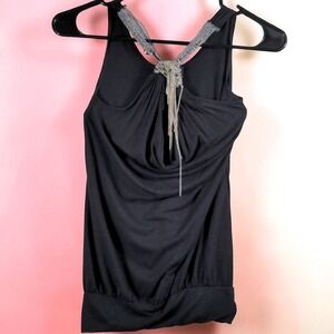 Vtg 2000s It-Girls Black Draped Cowl Neck Chain Tank Top Medium Y2K Clubwear USA